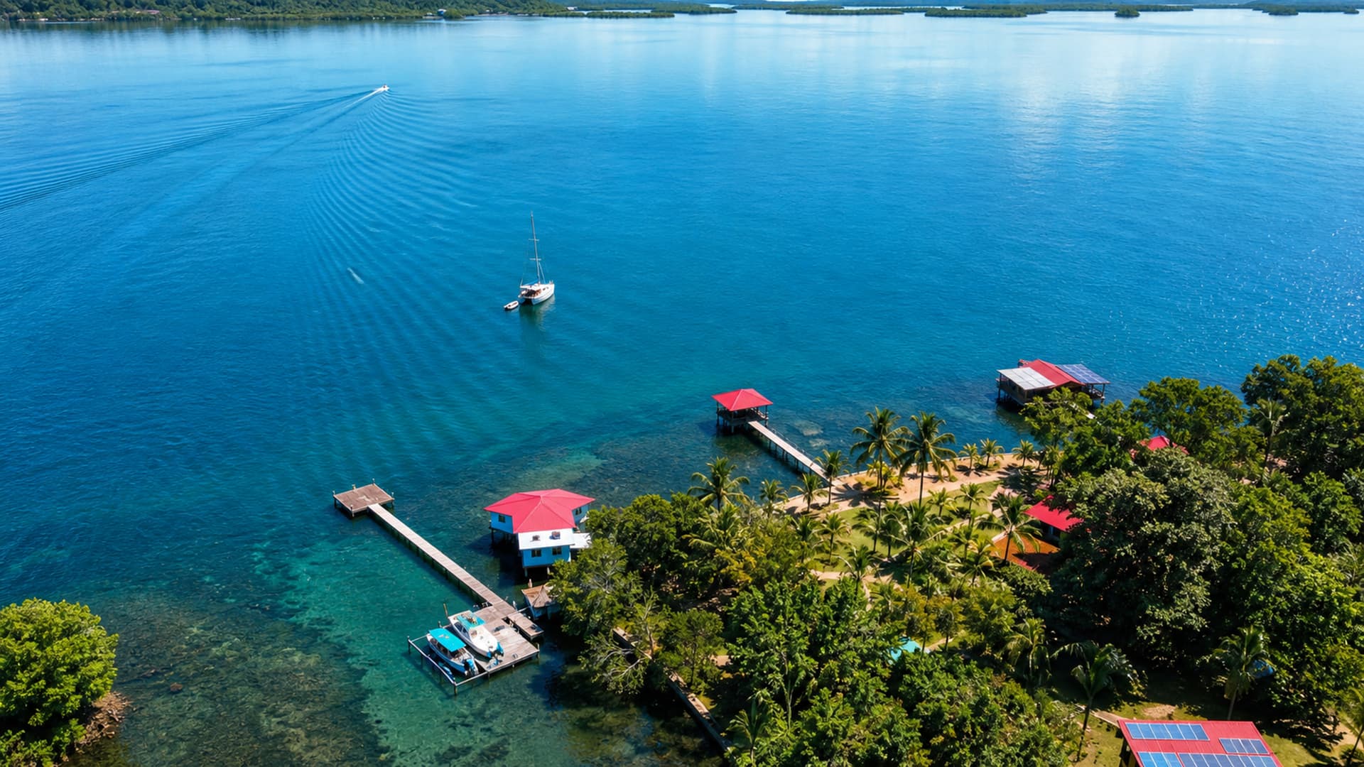 Aerial view of Dolphin Blue Paradise eco-resort on Isla Cristóbal, Bocas del Toro, Panamá