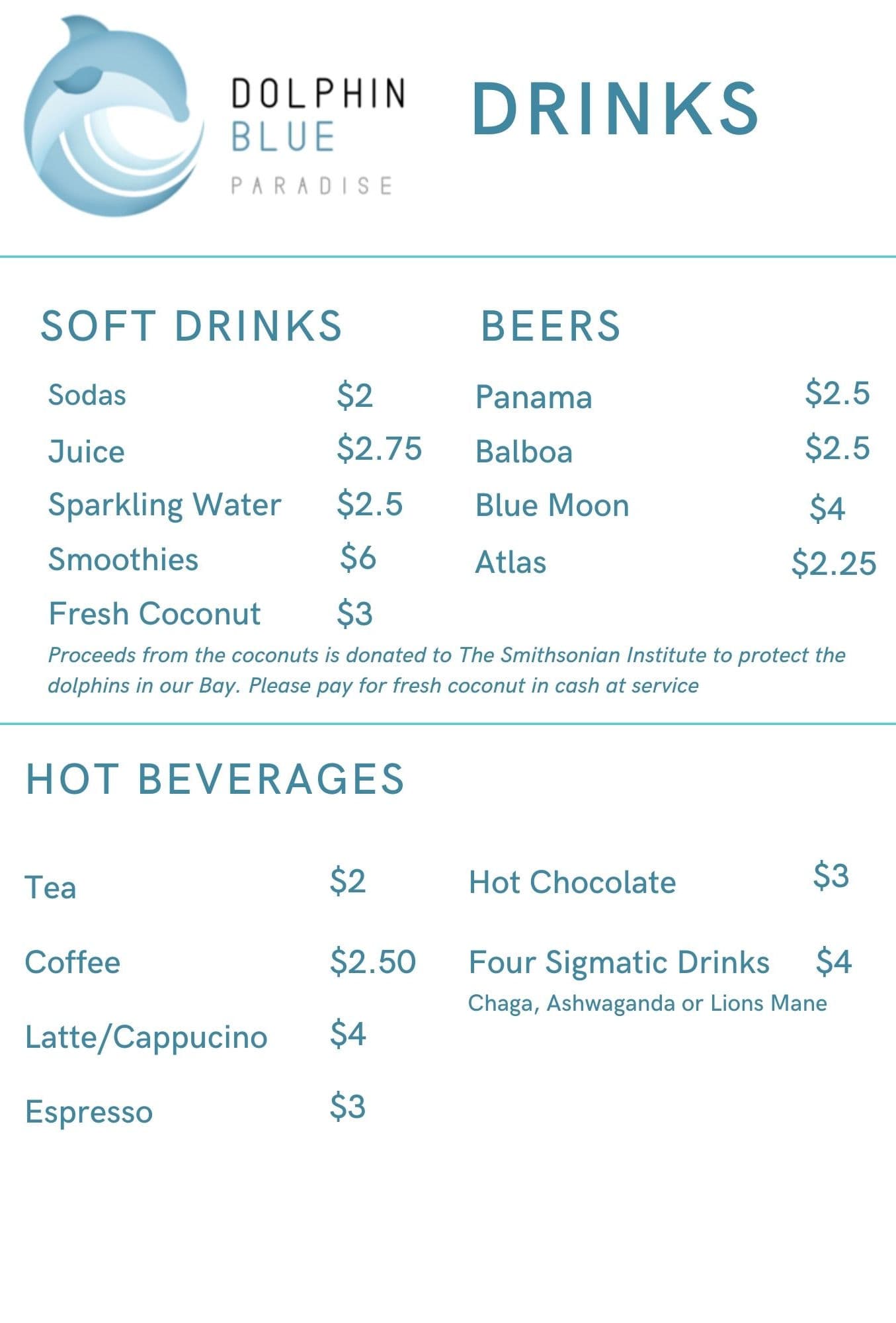 Drinks menu at Blå Bar & Restaurant - Cocktails, fresh juices, and beverages at Dolphin Blue Paradise, Bocas del Toro