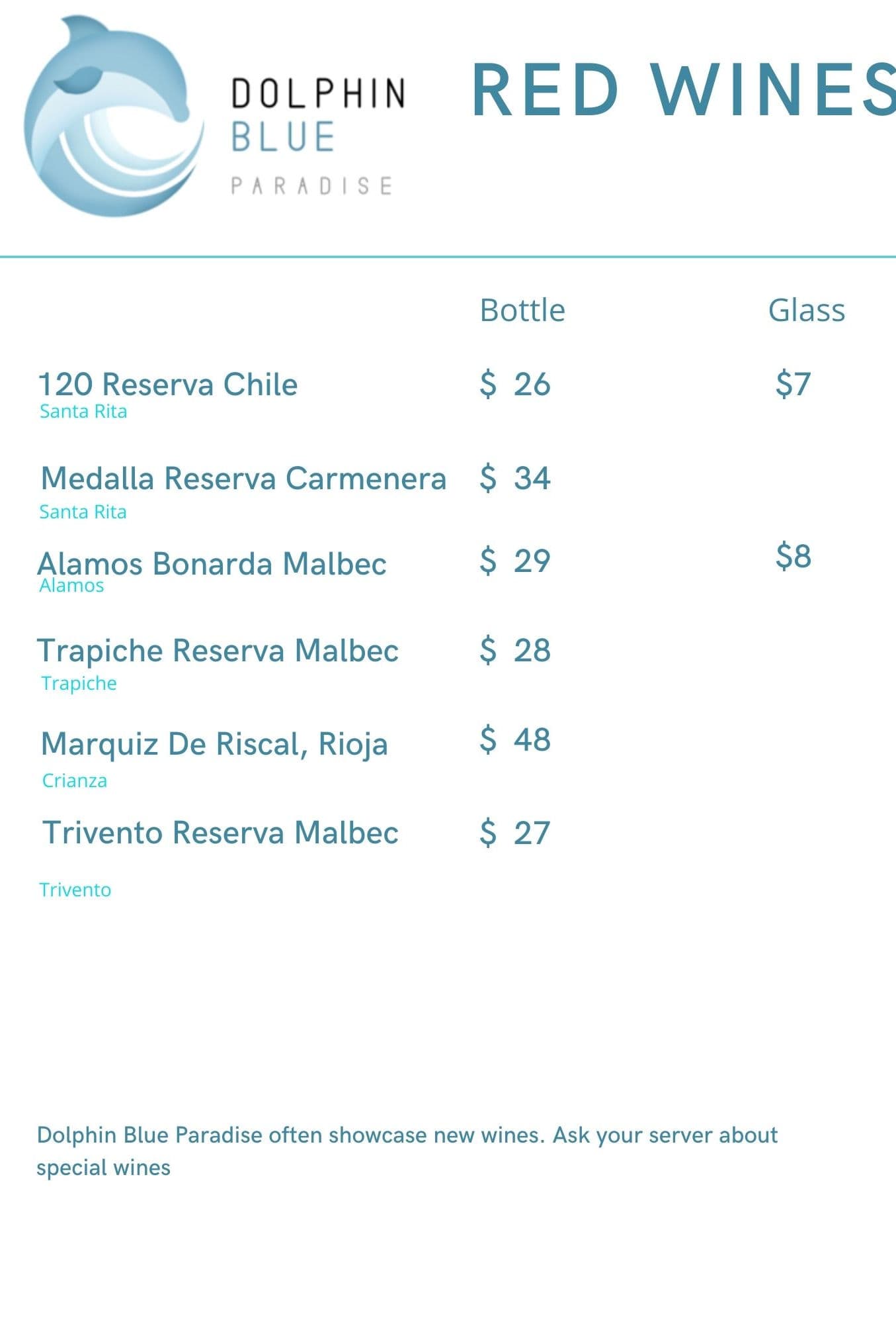 Red wine menu at Blå Bar & Restaurant - Red wine selection at Dolphin Blue Paradise, Bocas del Toro