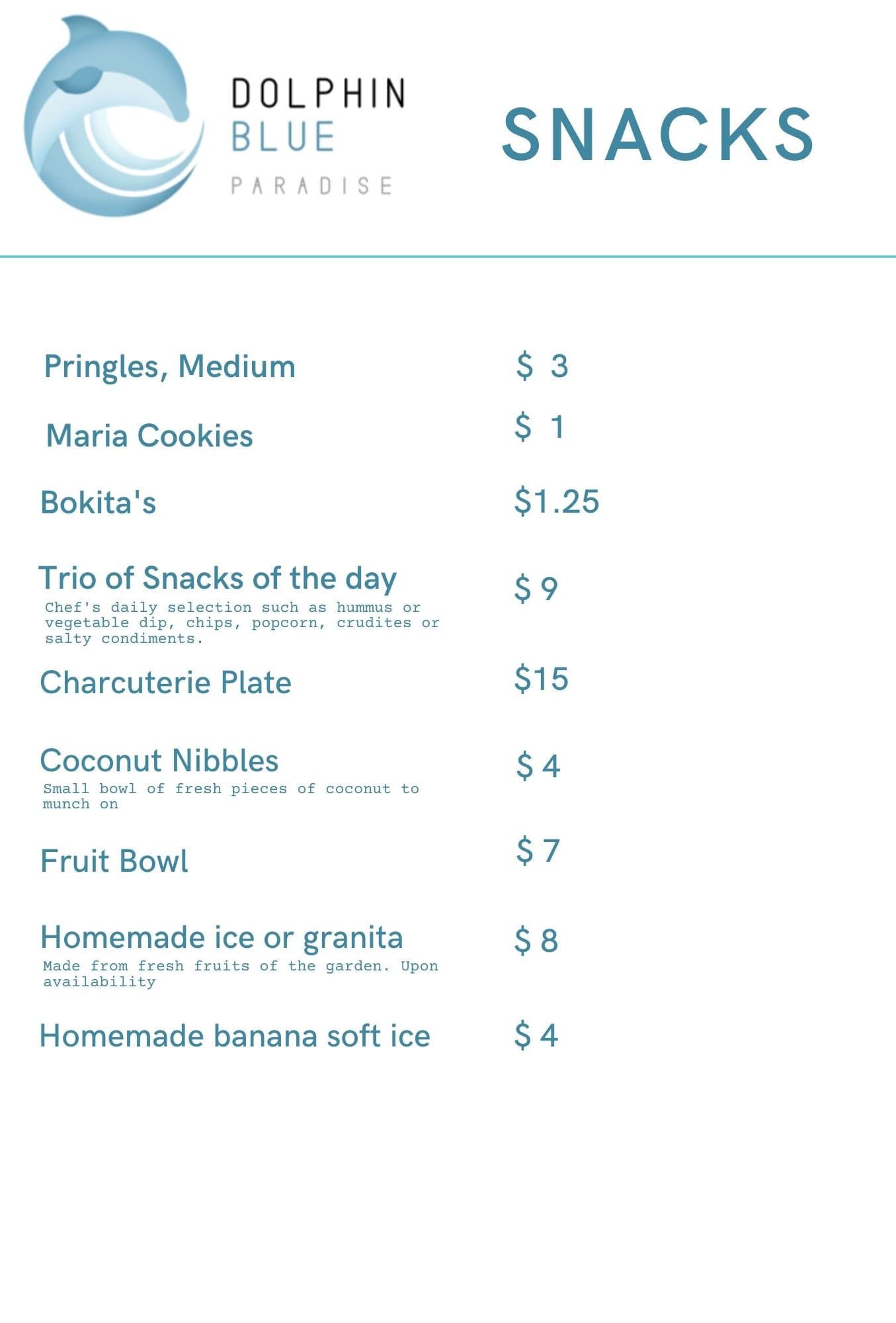 Snacks menu at Blå Bar & Restaurant - All-day snacks and light bites at Dolphin Blue Paradise, Bocas del Toro
