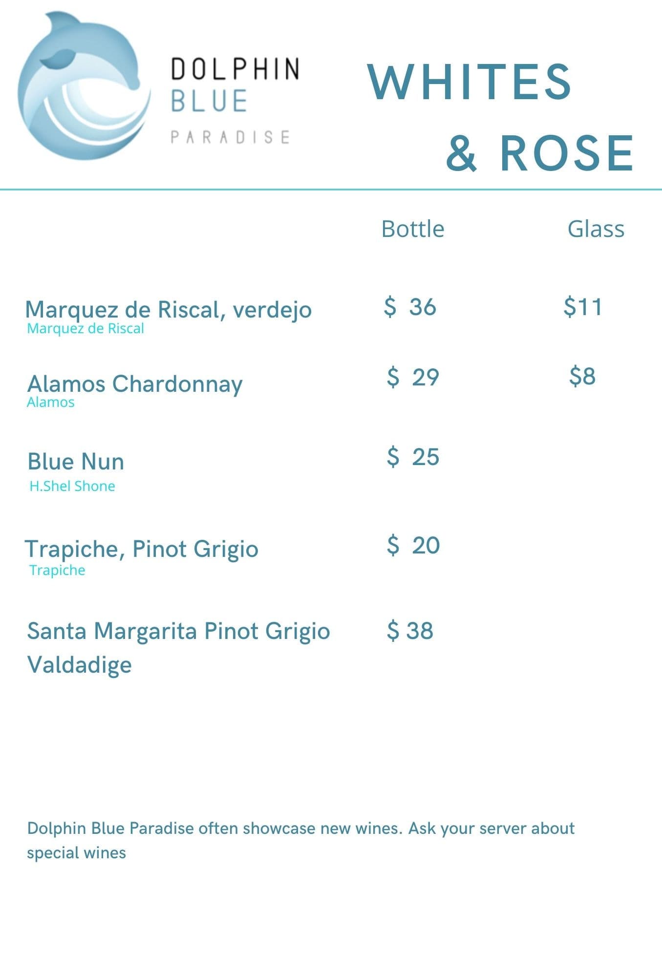 White and rosé wine menu at Blå Bar & Restaurant - White wines and rosé selection at Dolphin Blue Paradise, Bocas del Toro