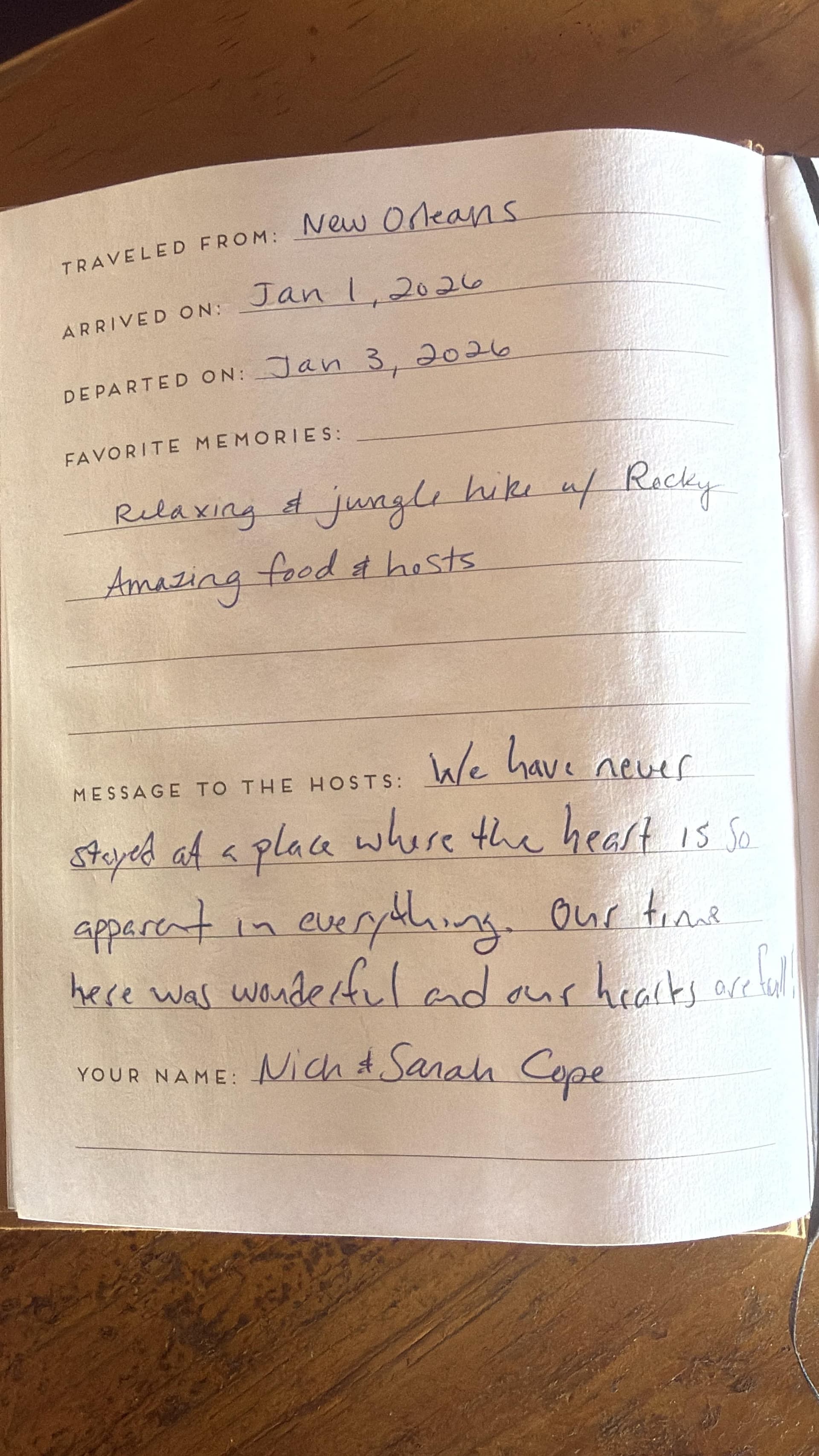 Handwritten guest review from Dolphin Blue Paradise guestbook