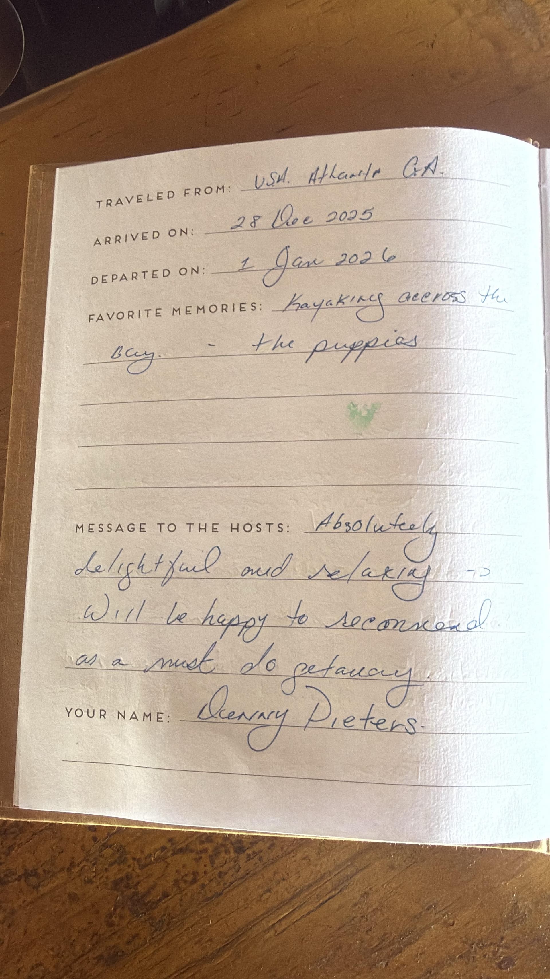Handwritten guest review from Dolphin Blue Paradise guestbook