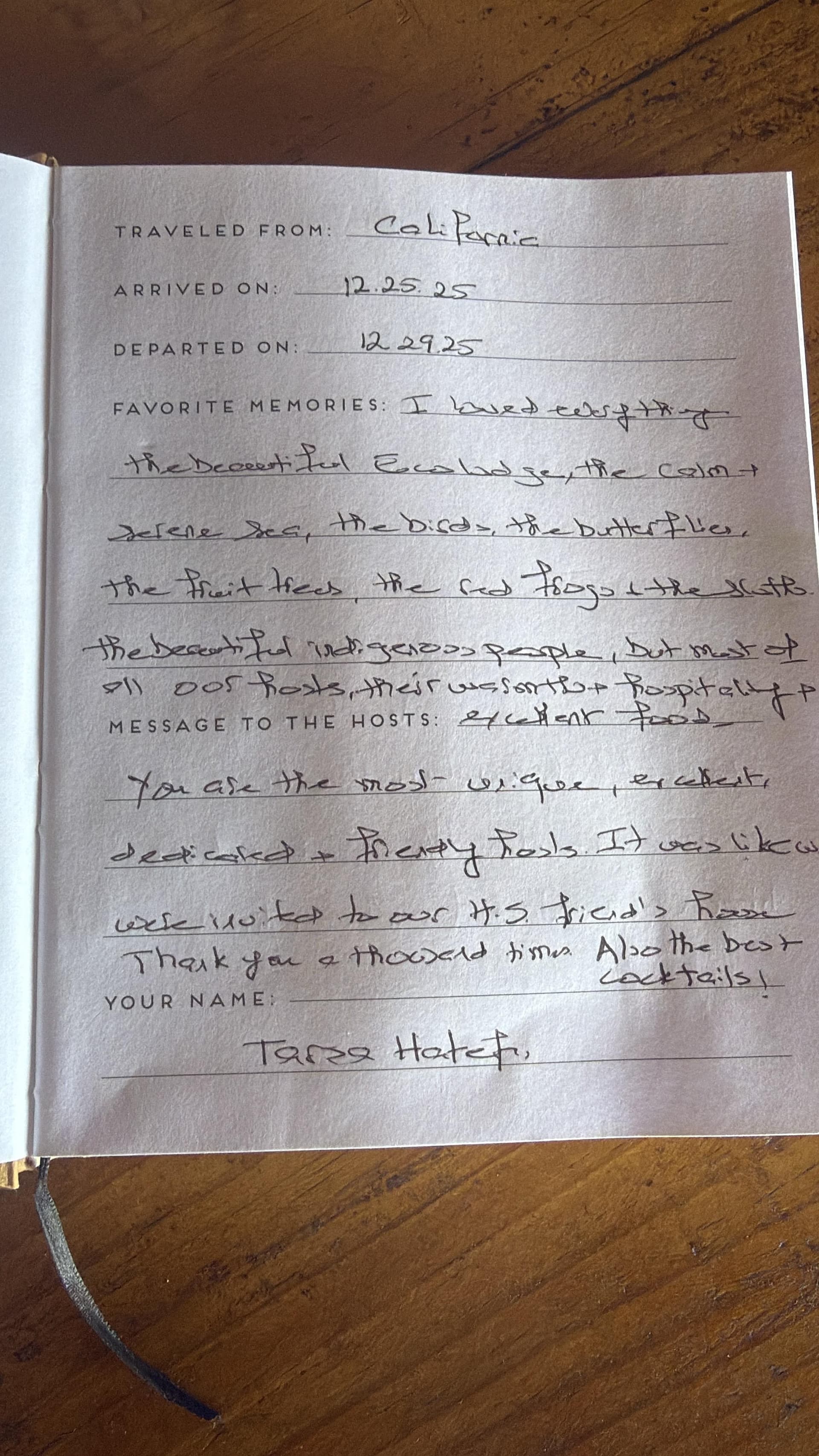 Handwritten guest review from Dolphin Blue Paradise guestbook