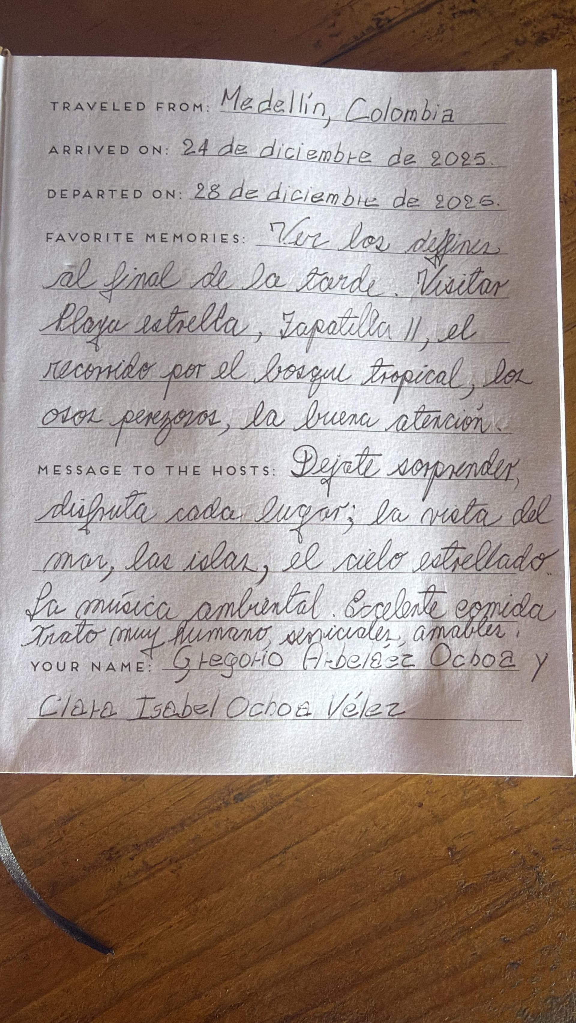 Handwritten guest review from Dolphin Blue Paradise guestbook