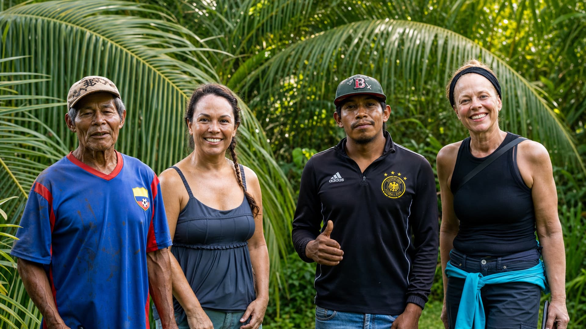 Multicultural team and community collaborating for sustainable tourism at Dolphin Blue Paradise