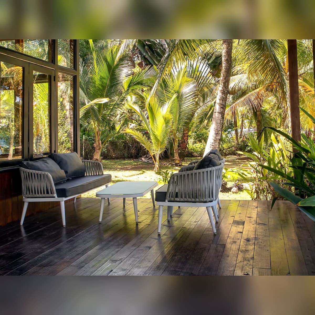 Salon Azul interior views at Dolphin Blue Paradise, Bocas del Toro - renovated space for yoga, relaxation, and wellness activities