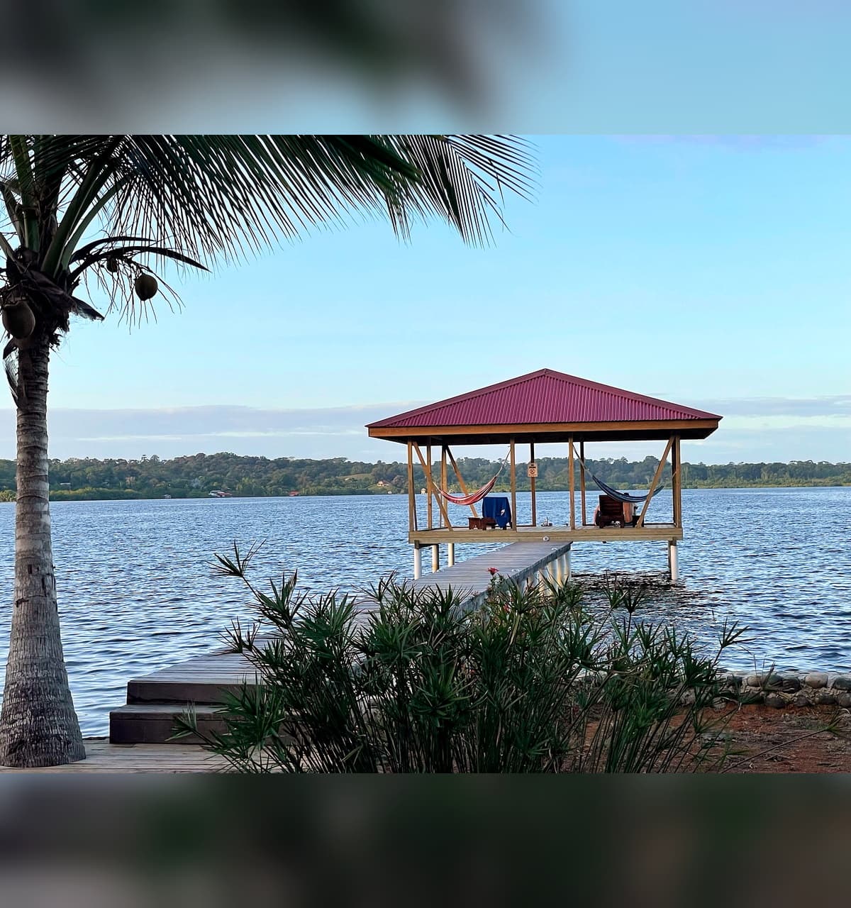 Swim platform extending over crystal clear turquoise water at Dolphin Blue Paradise, Bocas del Toro - perfect for swimming and snorkeling in Dolphin Bay